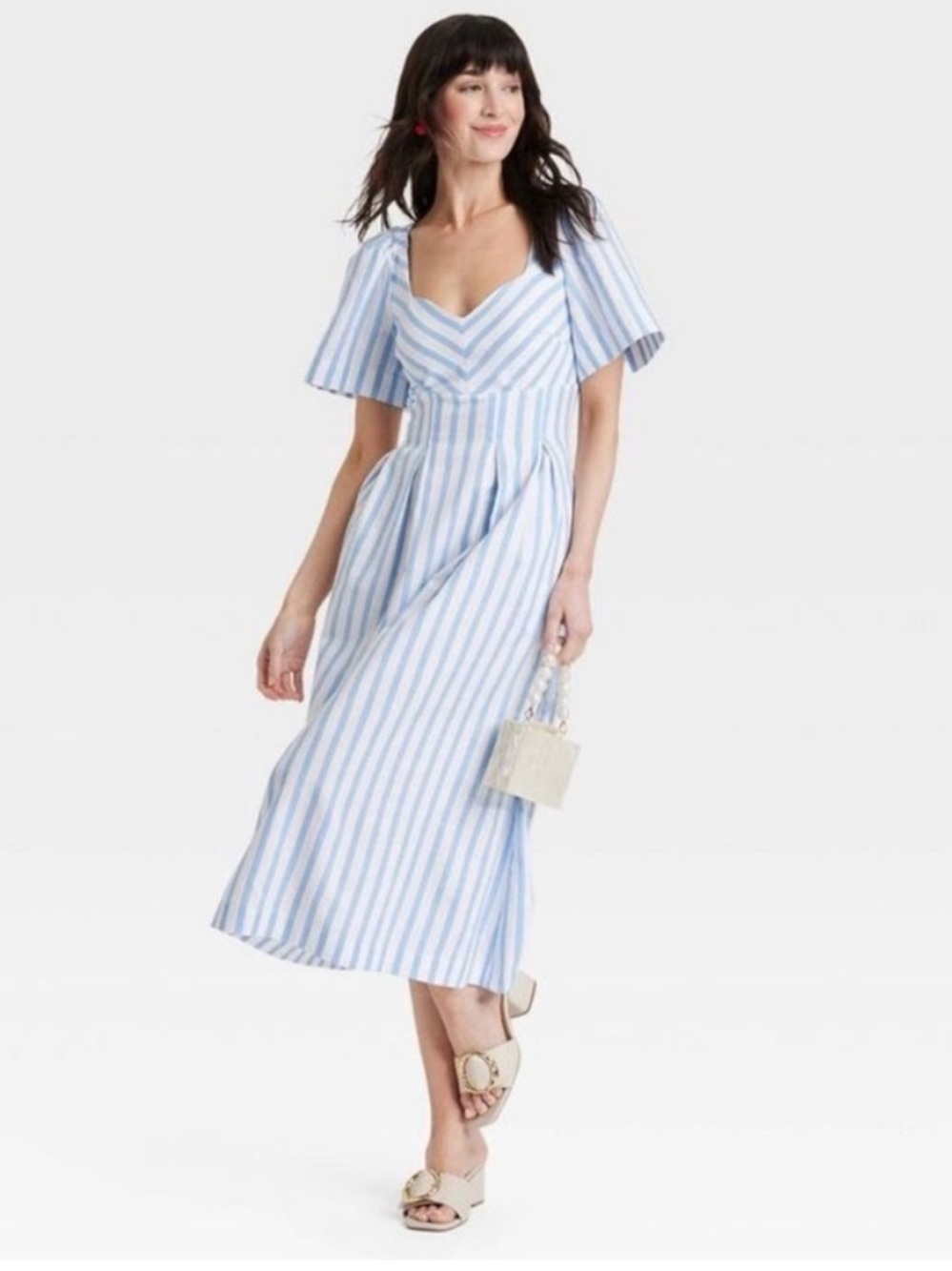 A New Day Blue White Striped Puff Sleeve Midi Dress Size 10 Coastal Cottagecore - Picture 4 of 5